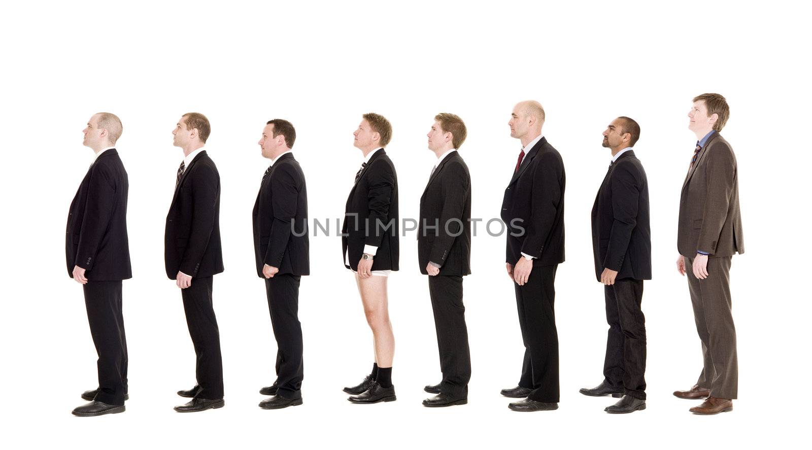 Man with his pants down standing in a line