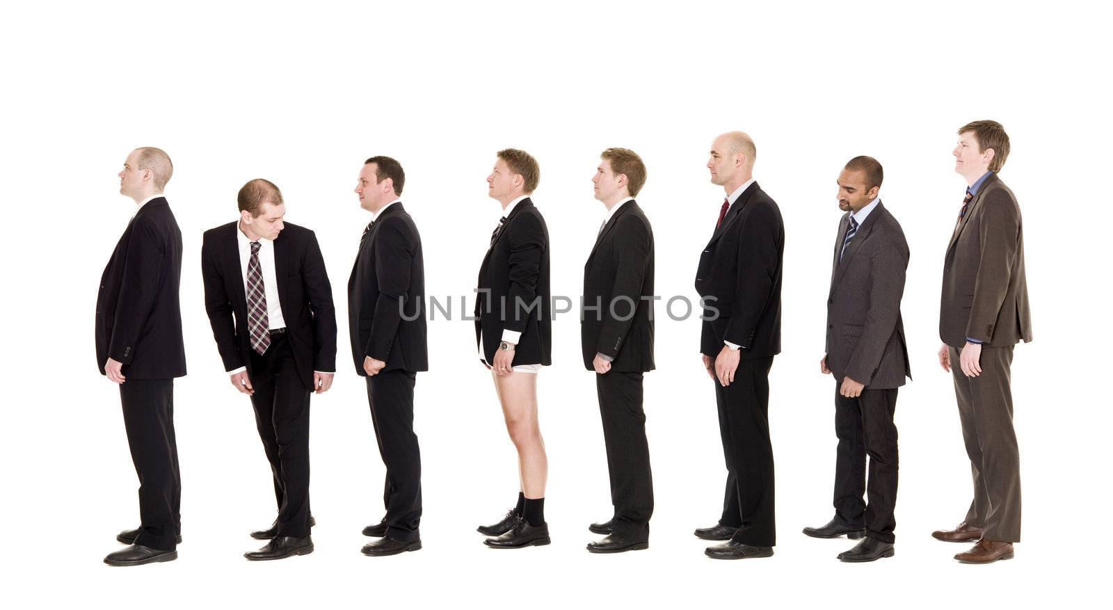 Man with his pants down standing in a line