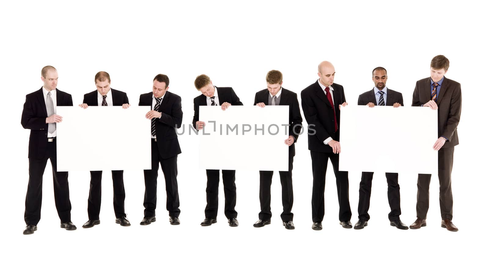 Men with clean signs isolated on white background