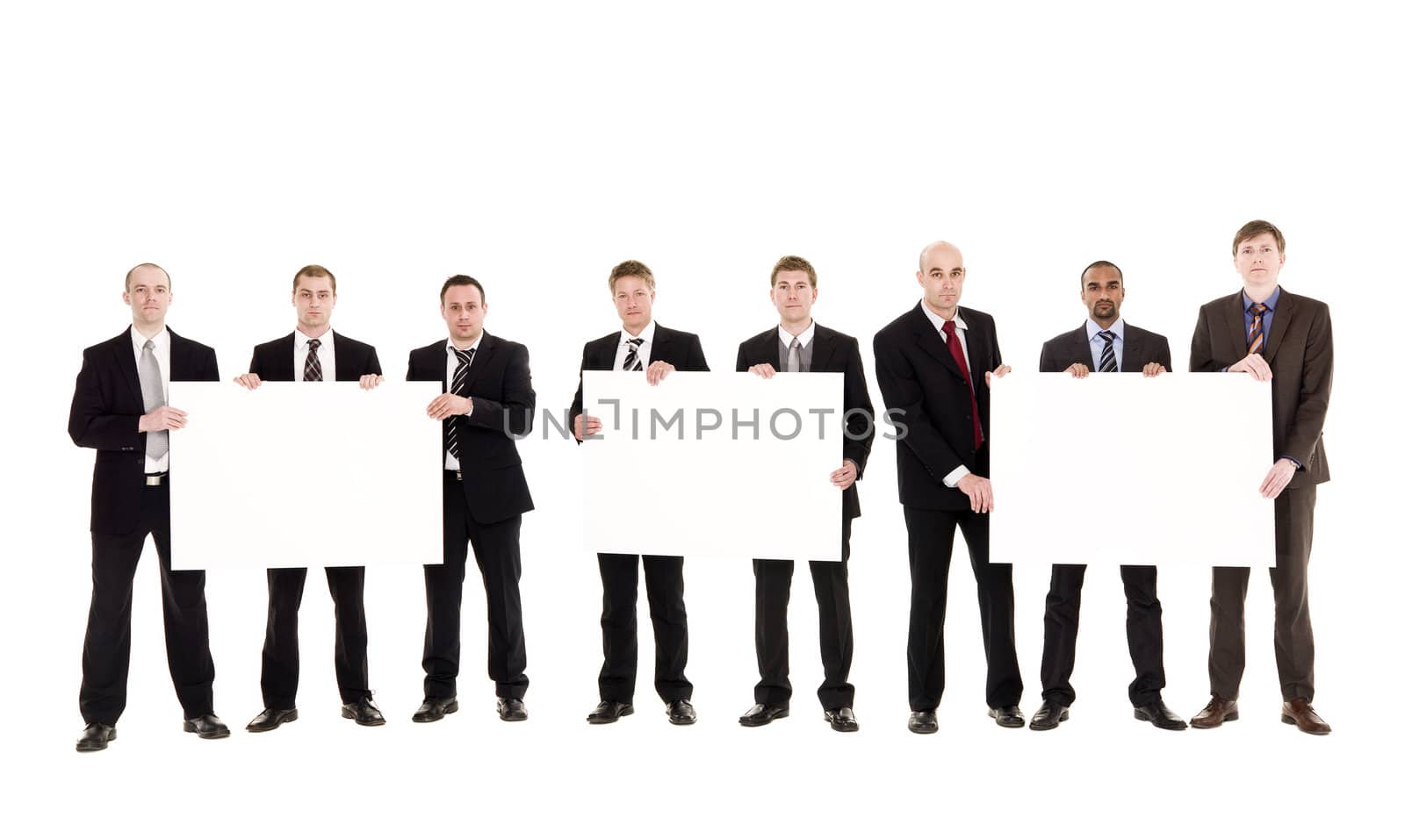 Men with clean signs isolated on white background