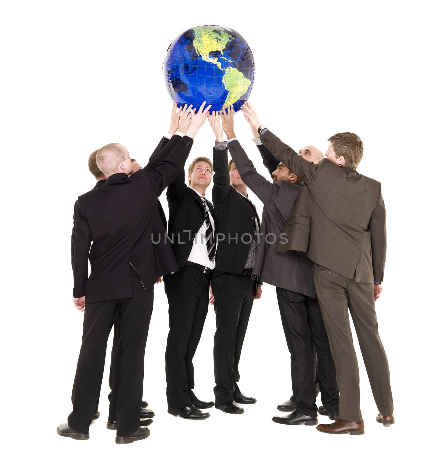 Group of men holding a terrestrial globe isolated on white background