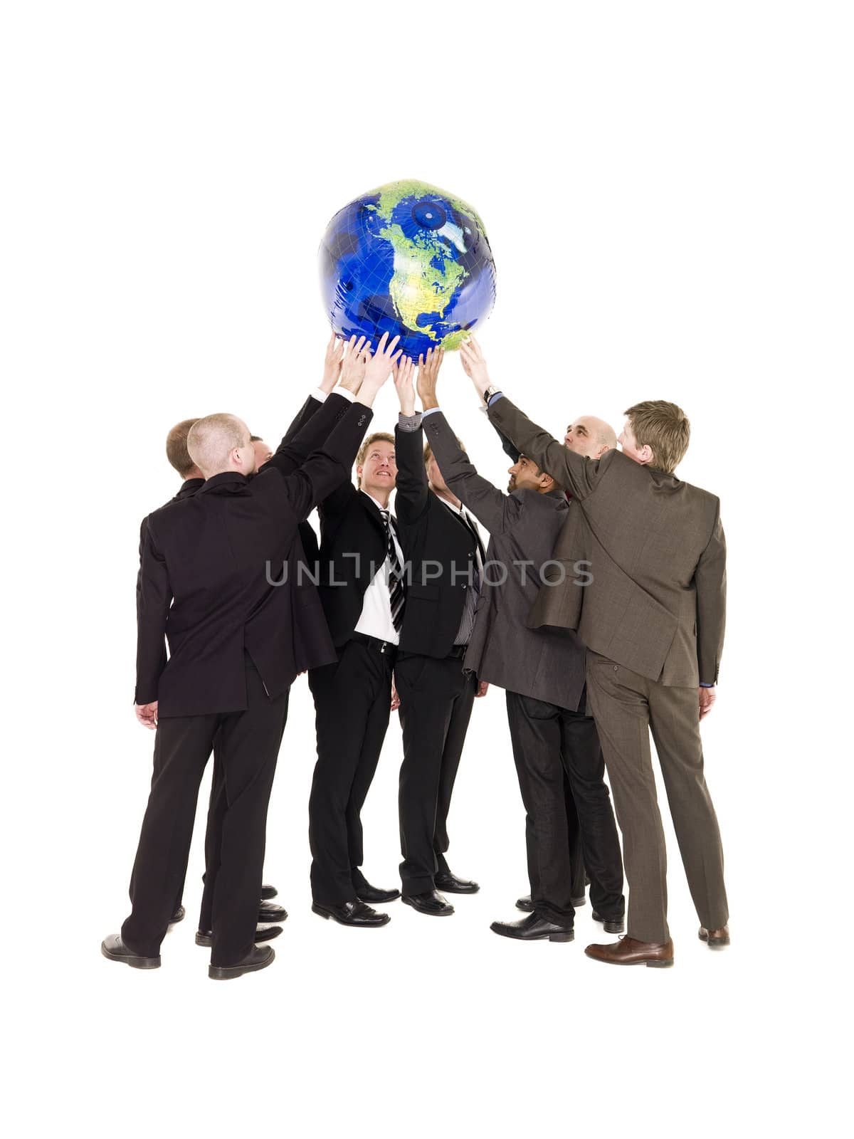 Group of men holding a terrestrial globe isolated on white background