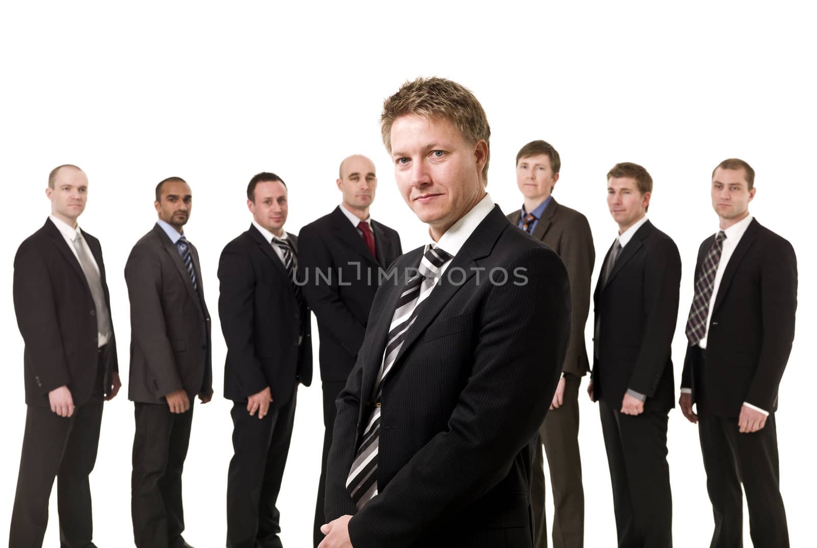 Boss in front of his team isolated on white background
