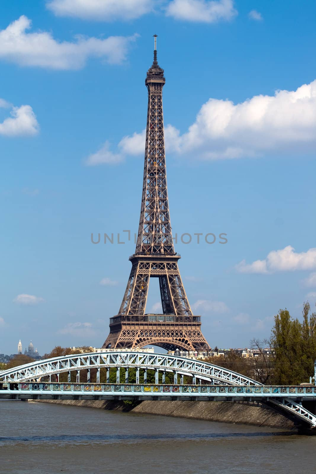 View at Eifel tower and railway bridge (Pont Rouelle) crosing island (Ile des Cygnes) in Paris