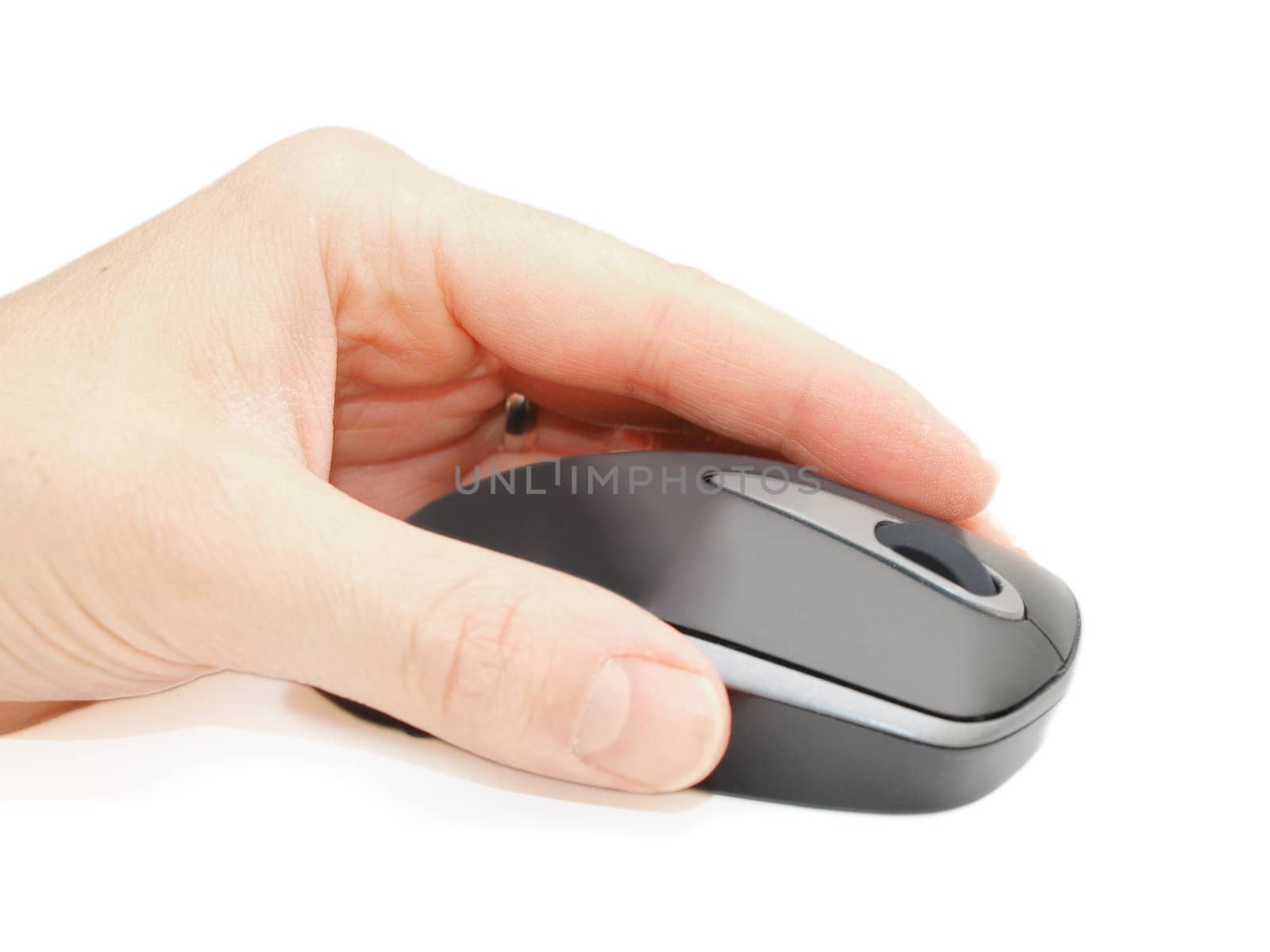 Wireless computer mouse with a hand on top 