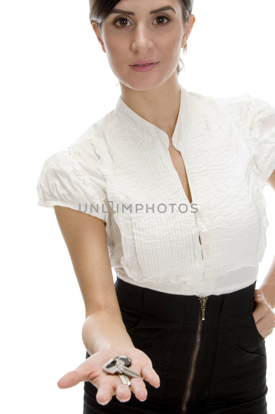 lady with keys in her palm on an isolated white background