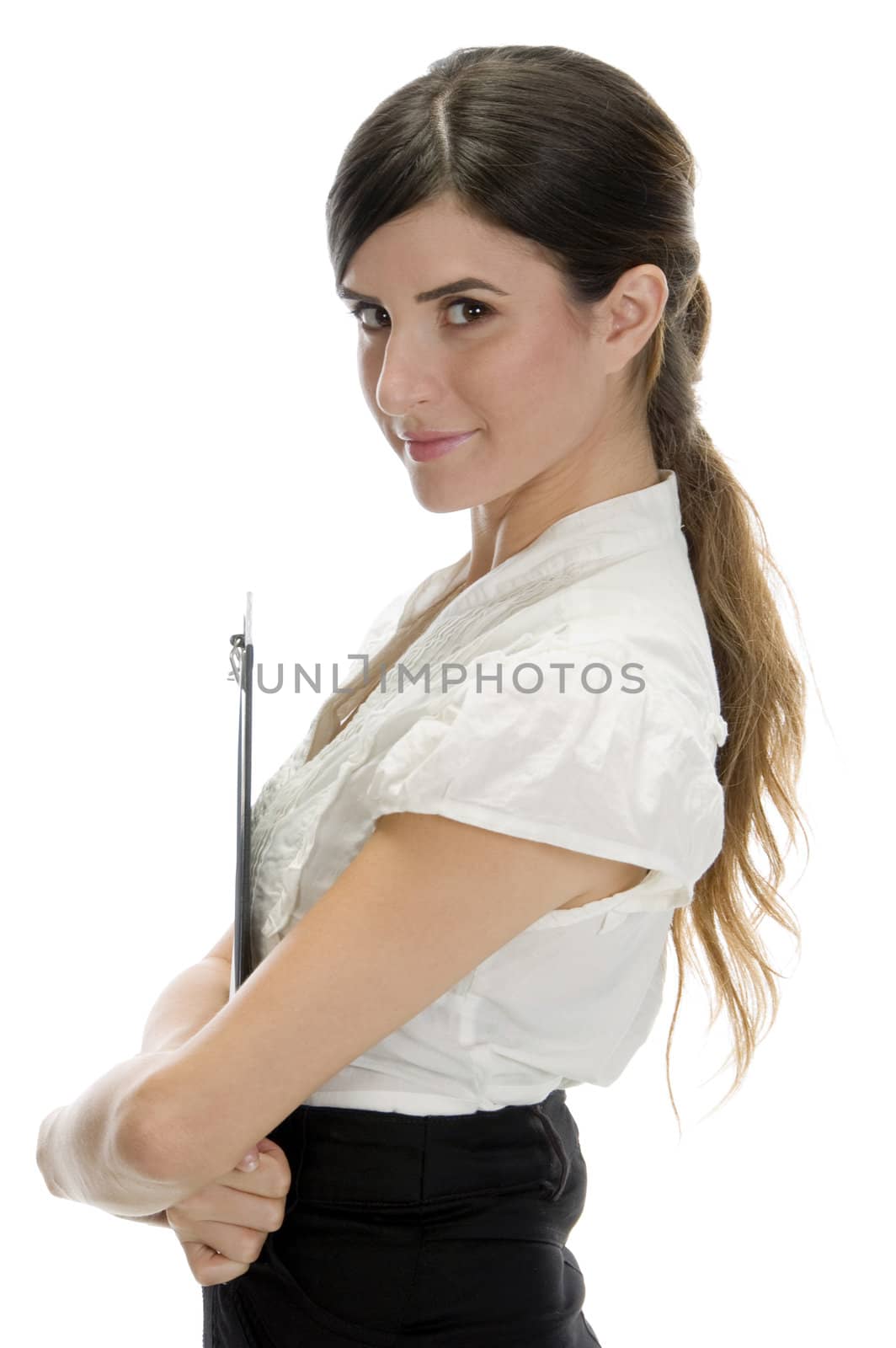 side view of lady with files on an isolated white background
