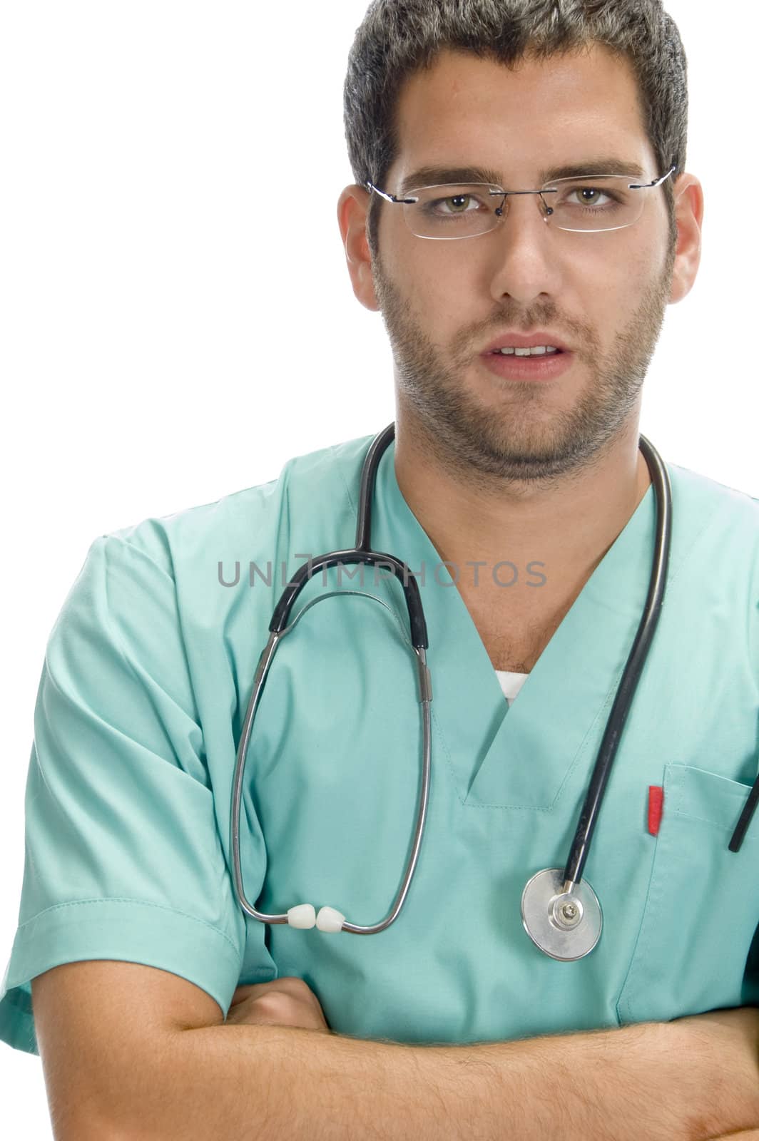 serious doctor with crossed arms on an isolated background