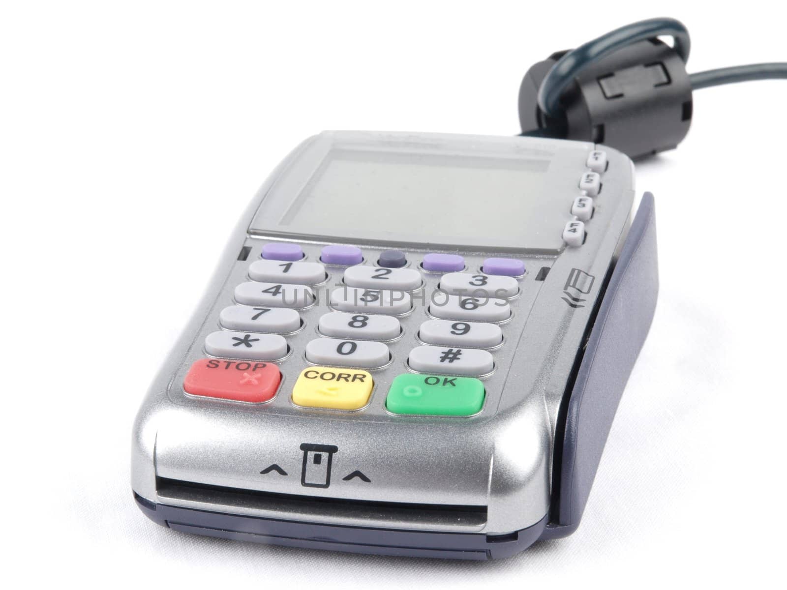 Payment terminal, chip and magnet acceptance, towards white background