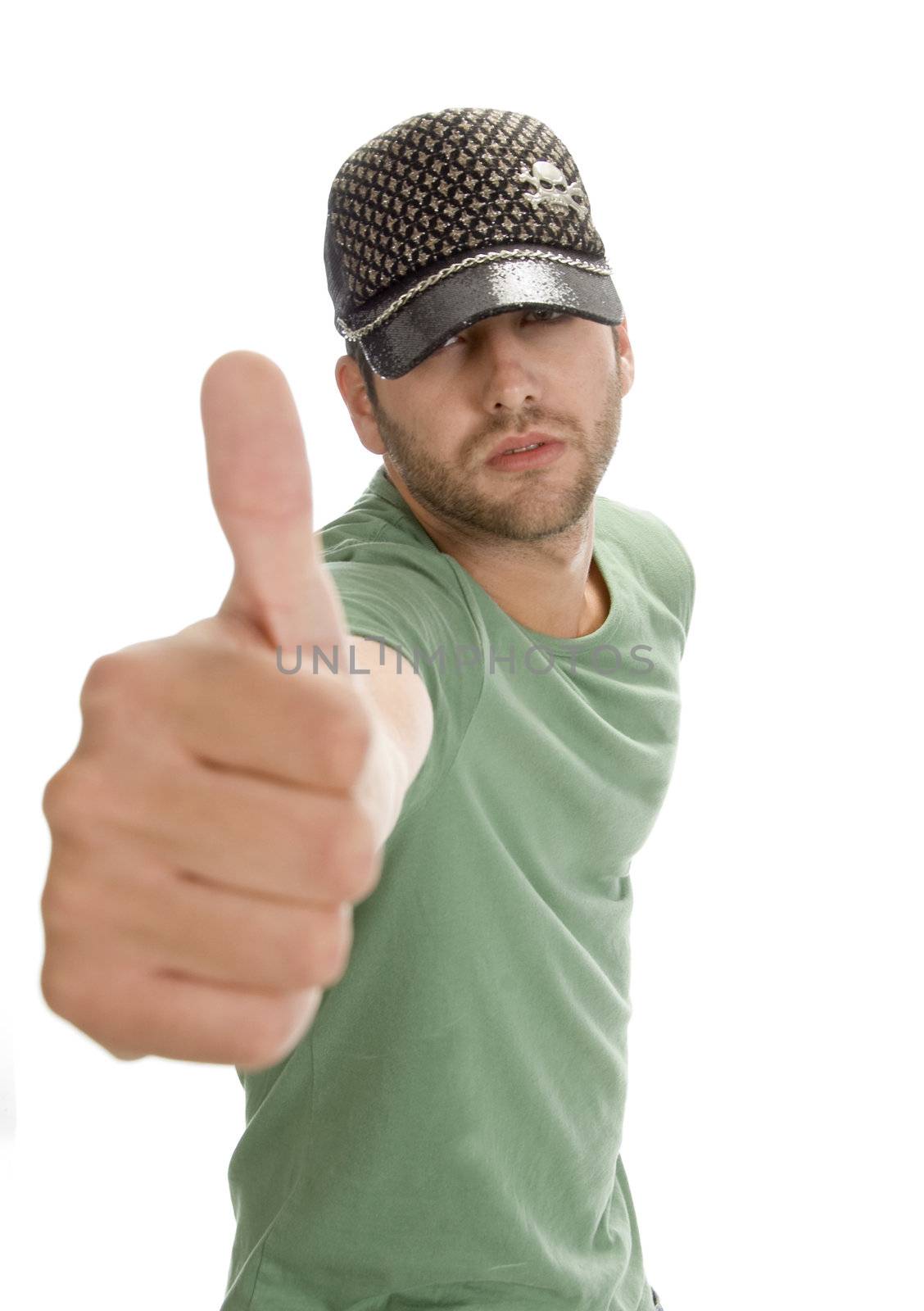 caucasian man showing thumb with white background