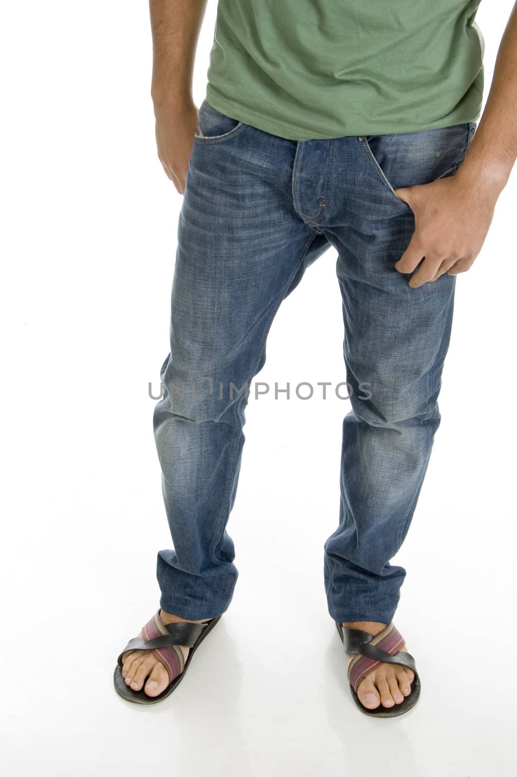 close up view of man's legs against white background