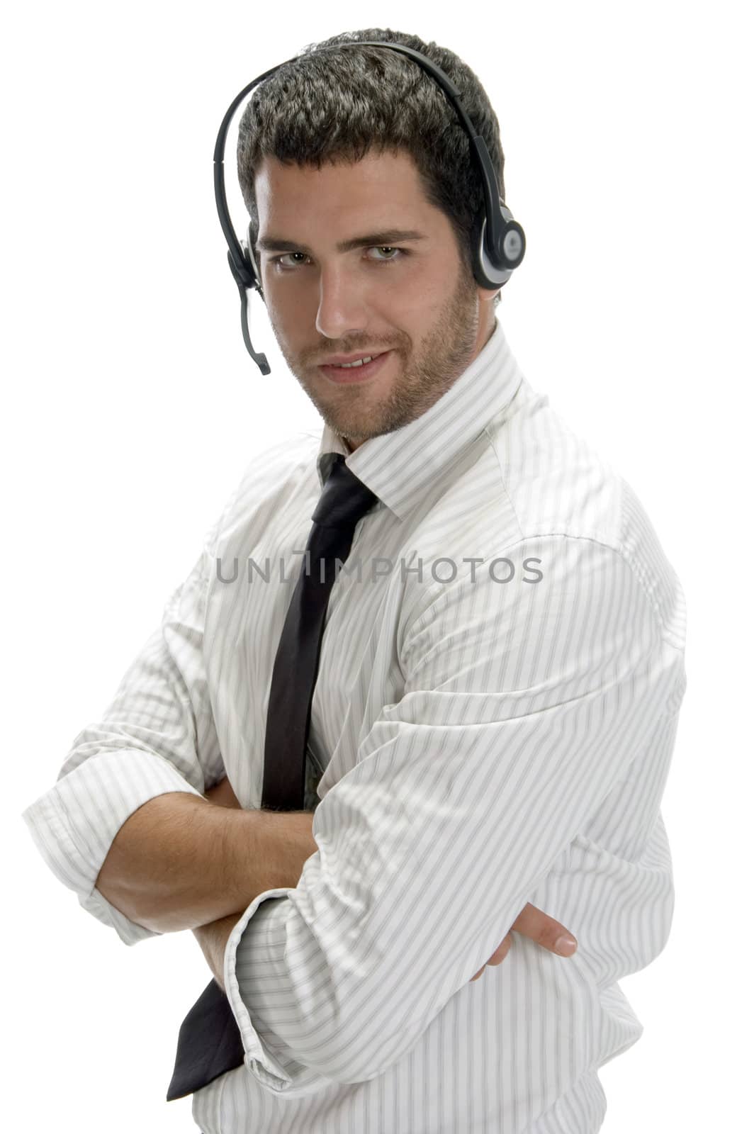 happy successful professional man with headset on an isolated white background