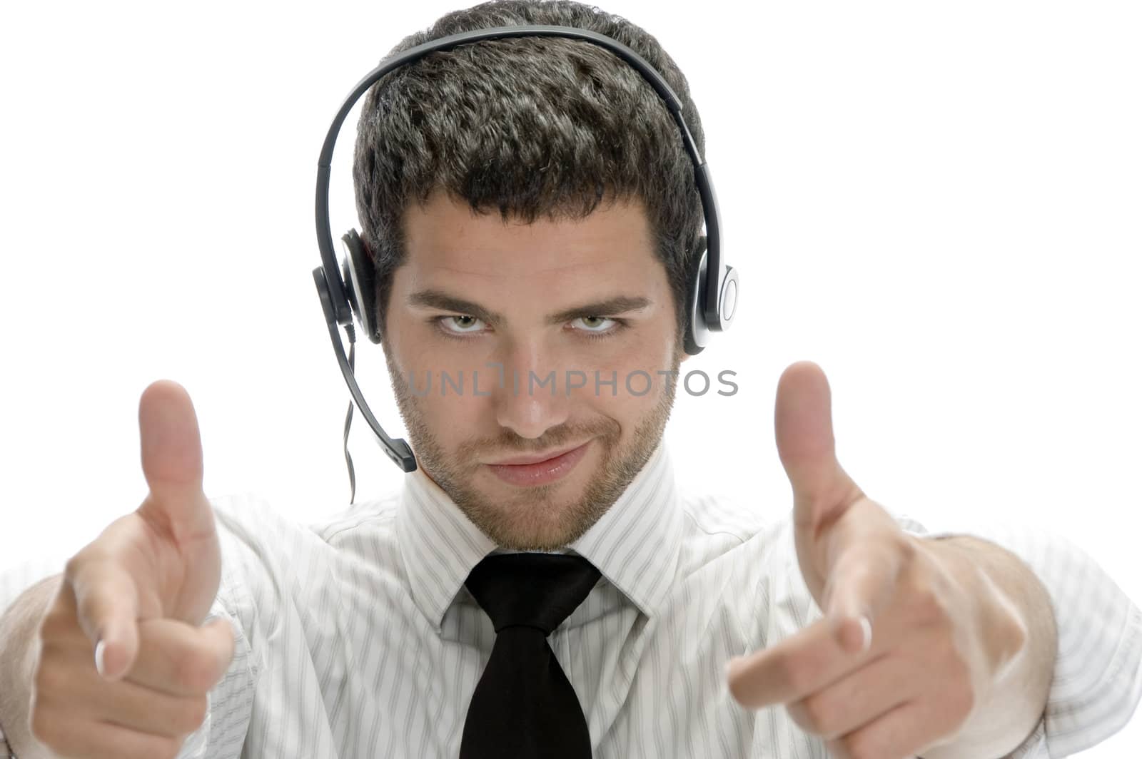 cool young man pointing towards with white background