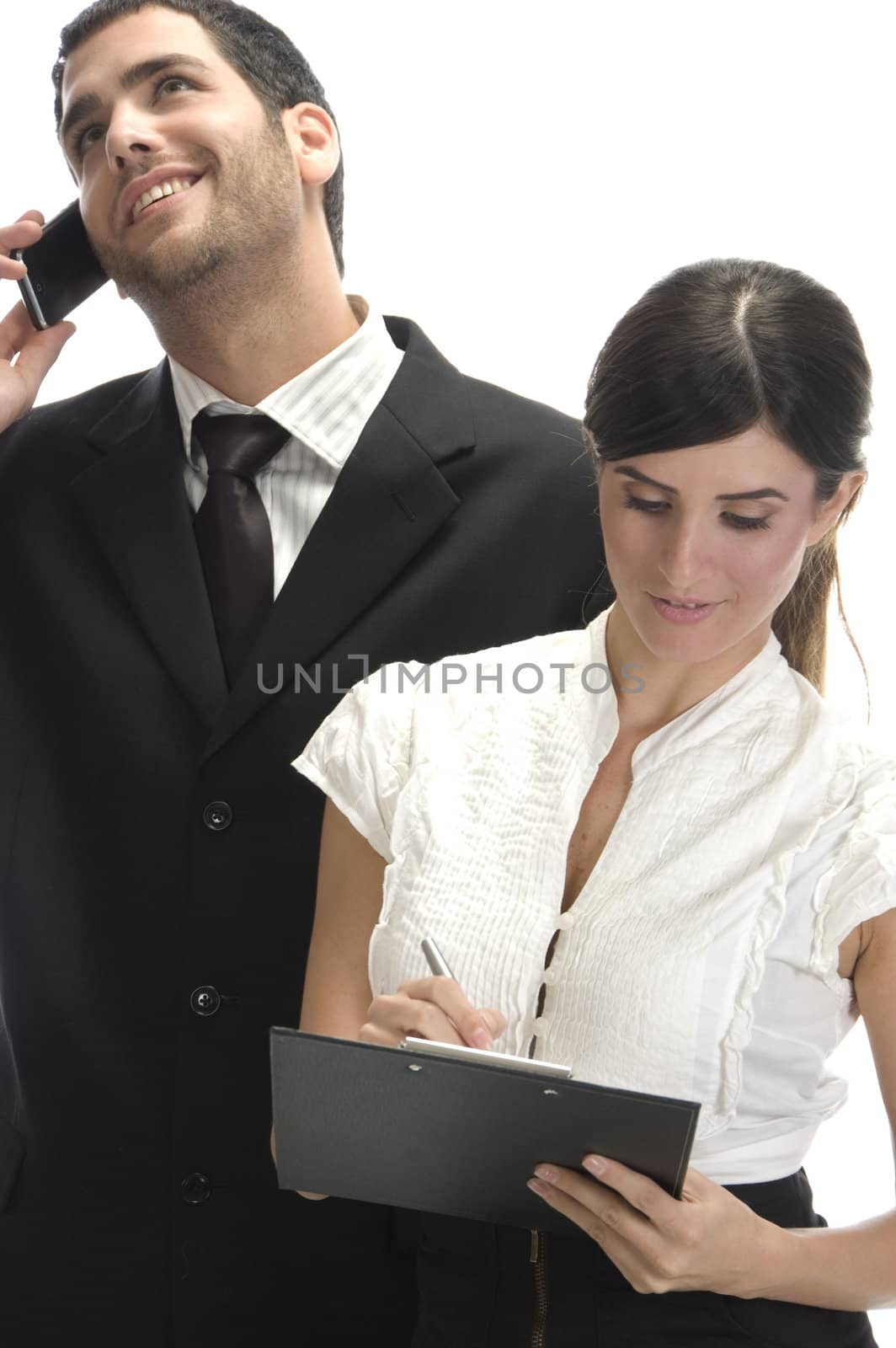 man busy with phone call and female making notes against white background