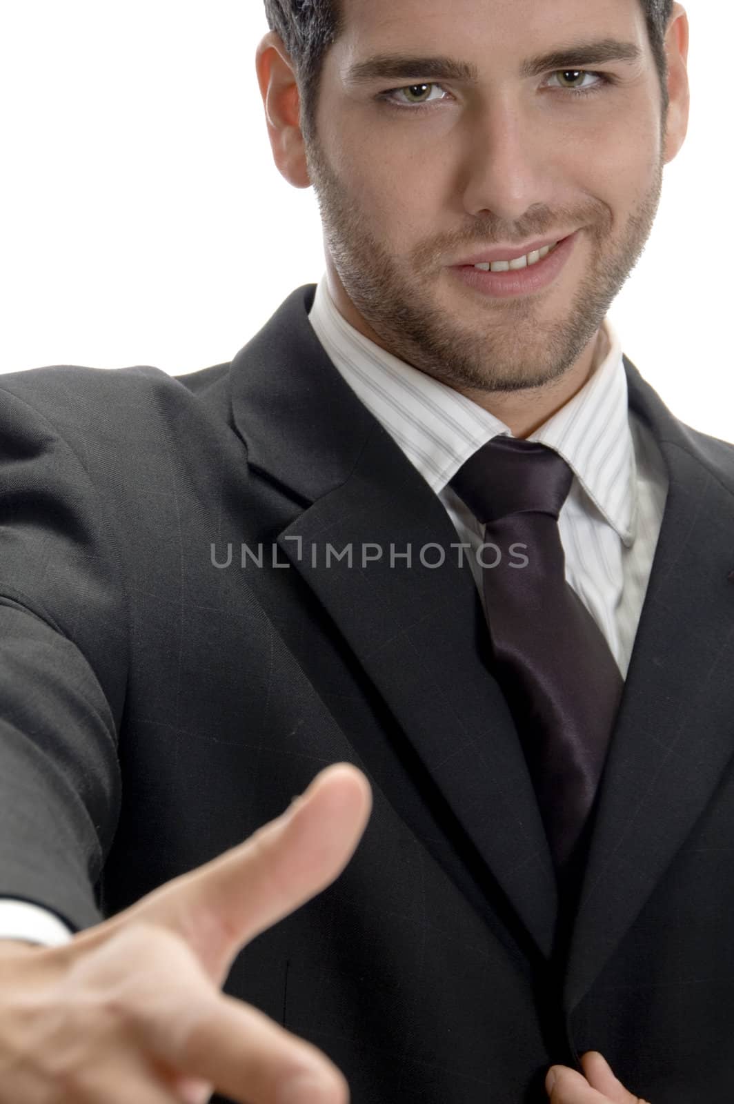 smart male offering handshake on an isolated background