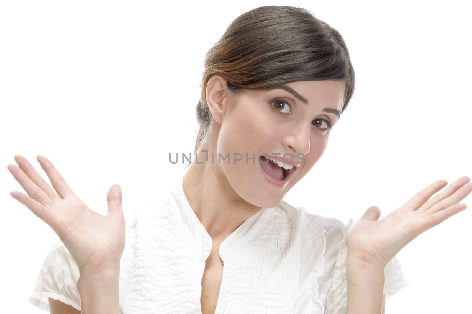 surprised smiling lady with white background