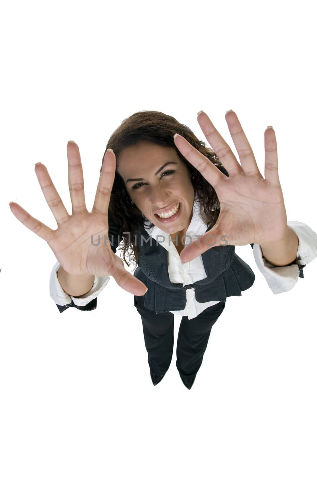 woman cheering with palms against white background