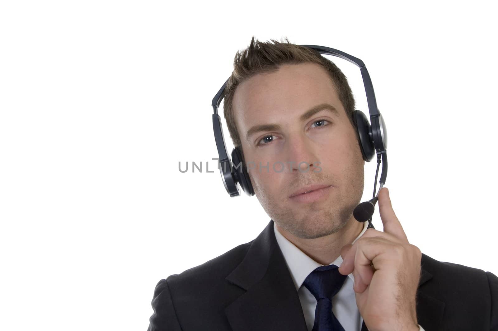 thinking businessman with headphone on an isolated background