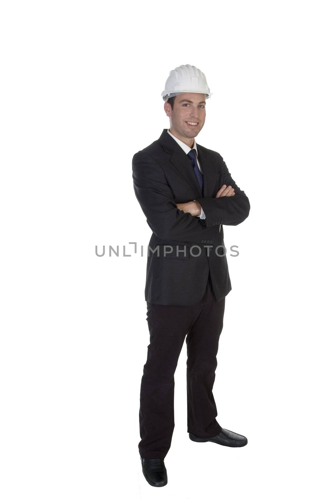 happy young architect with helmet with white background