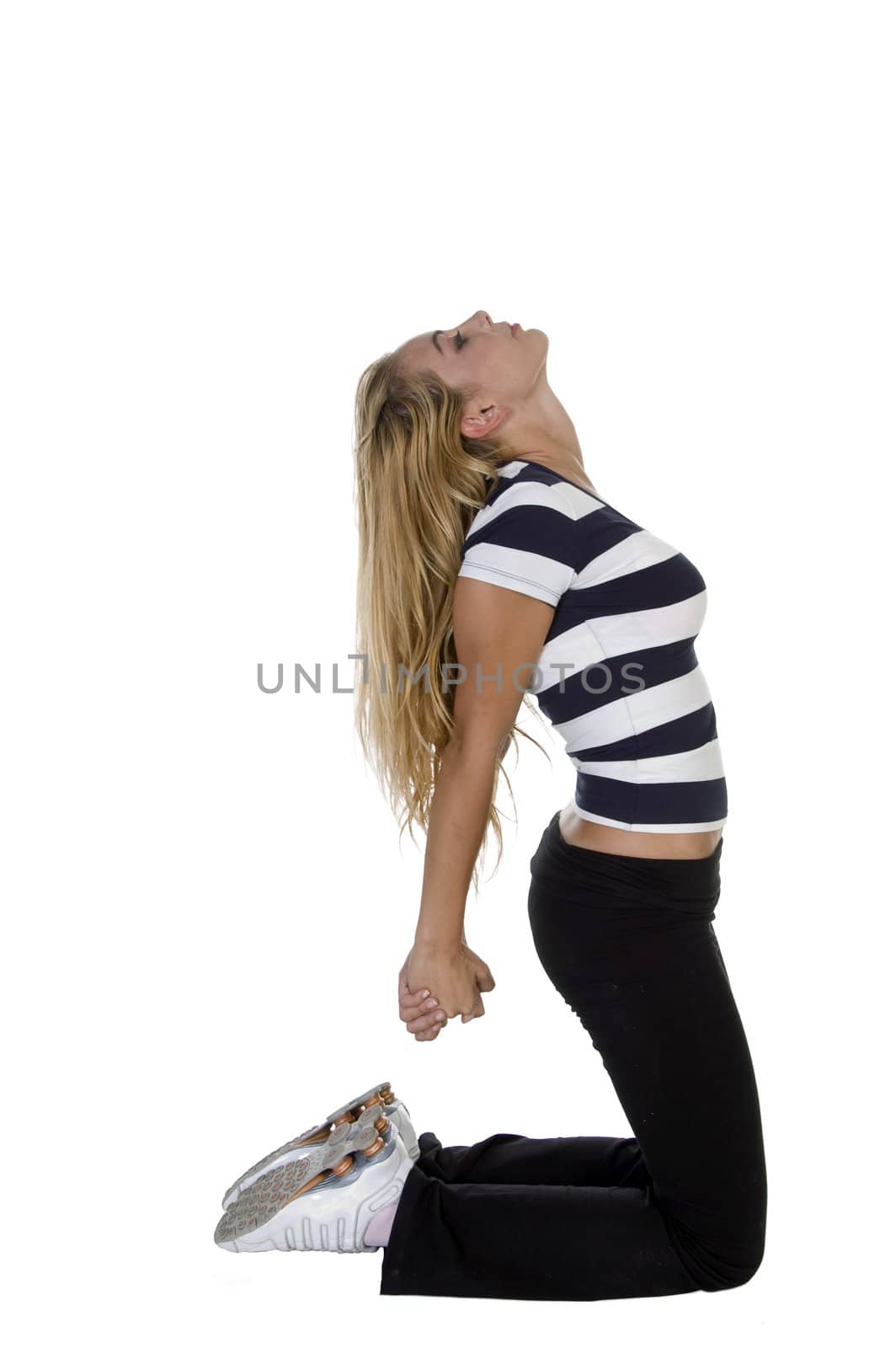 lady with clasped hands stretching her back on an isolated white background