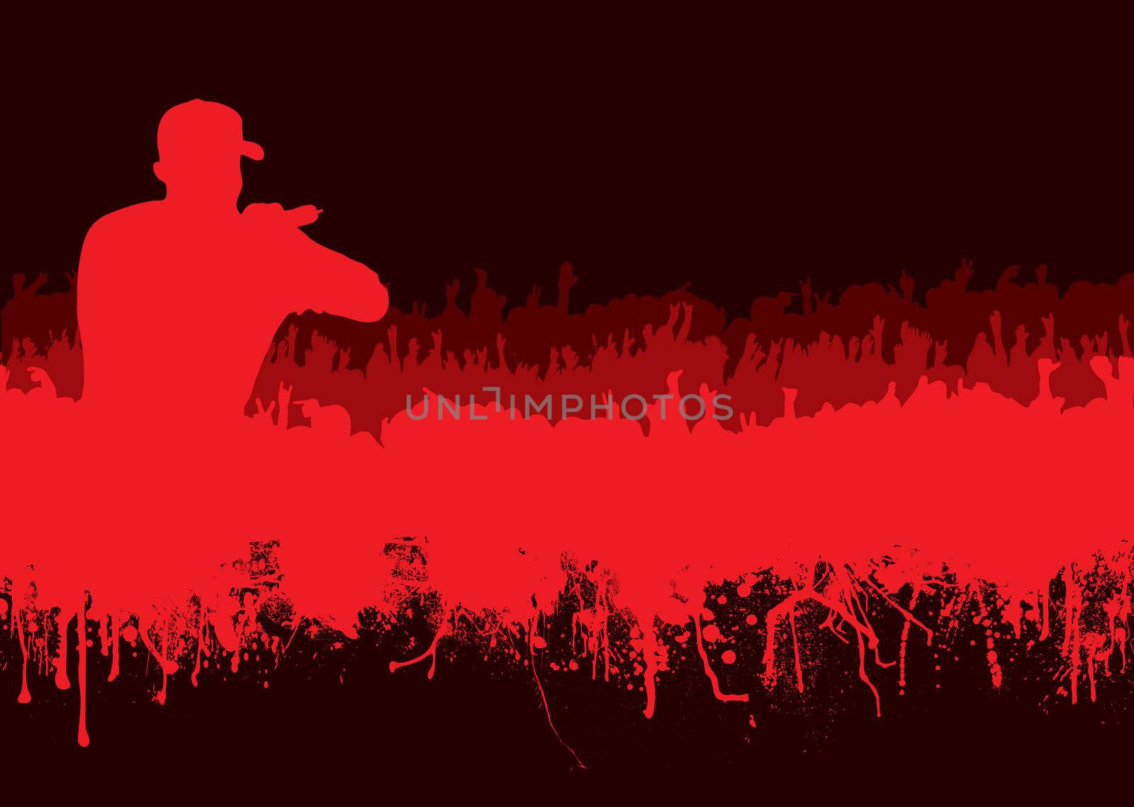 Rock or music concert crowd in silhouette with grunge ink blood effect