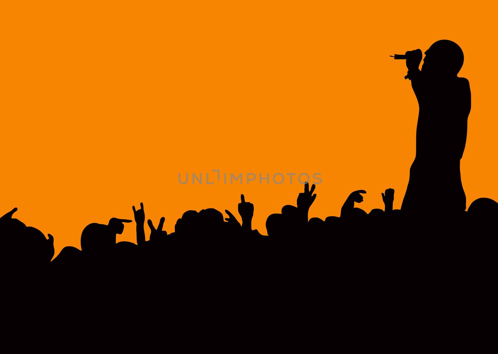 Crowd silhouette at music concert with artist singing with orange background