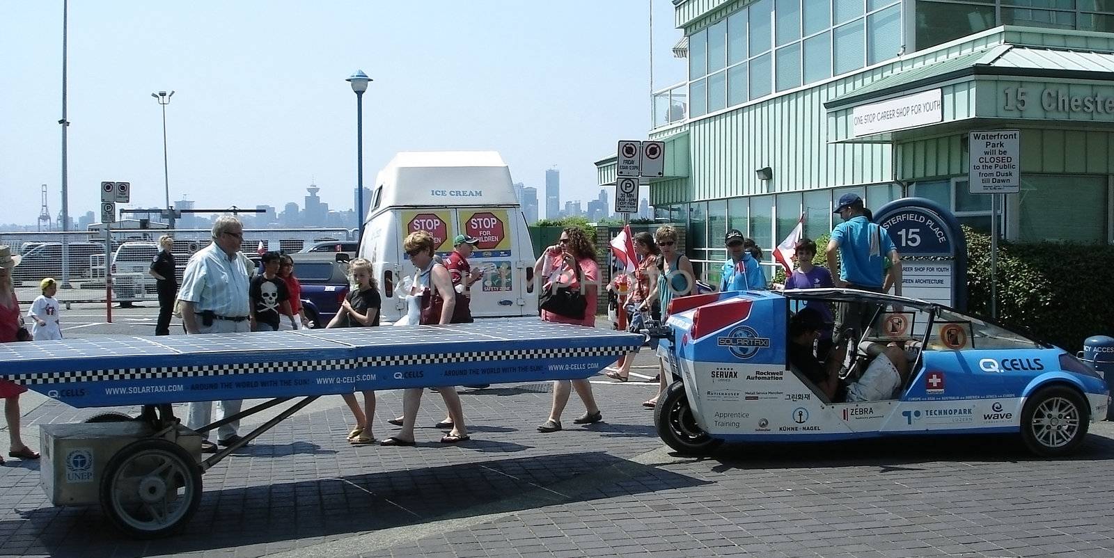First world tour of a vehicle powered only by solar energy. Set off on 1 July 2007 in Switzerland. After one year on July 1st, Canada Day, the ecological car roams the streets of North Vancouver.