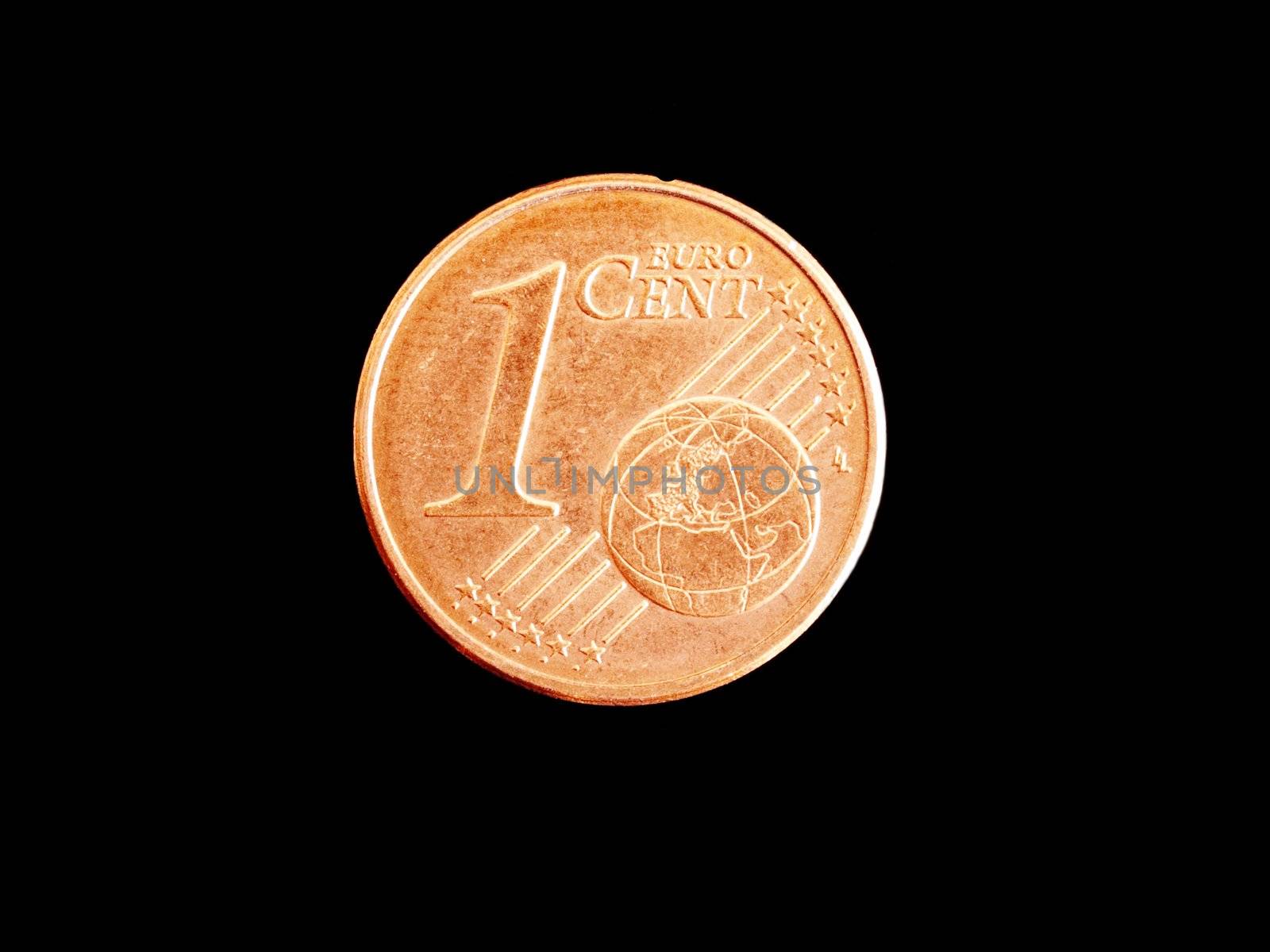 Top view  of a one cent Euro coin isolated on white