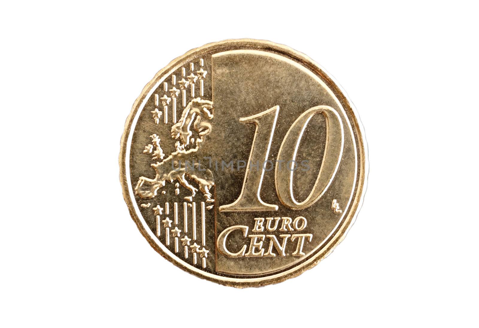 Top view  of a 10 cent Euro coin isolated on white