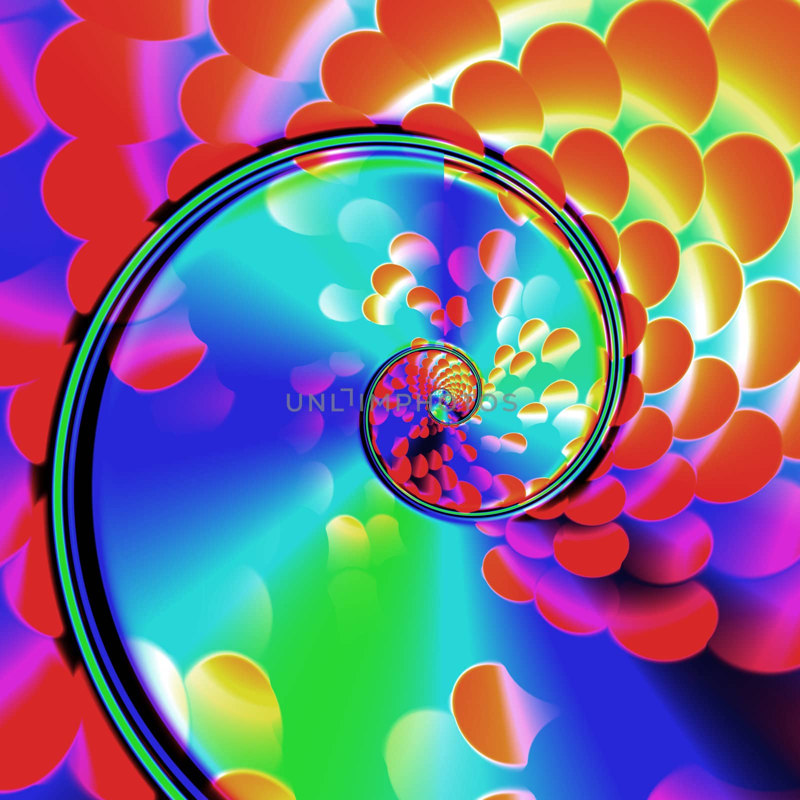 An abstract fractal spiral done in shades of blue, red, green, and yellow