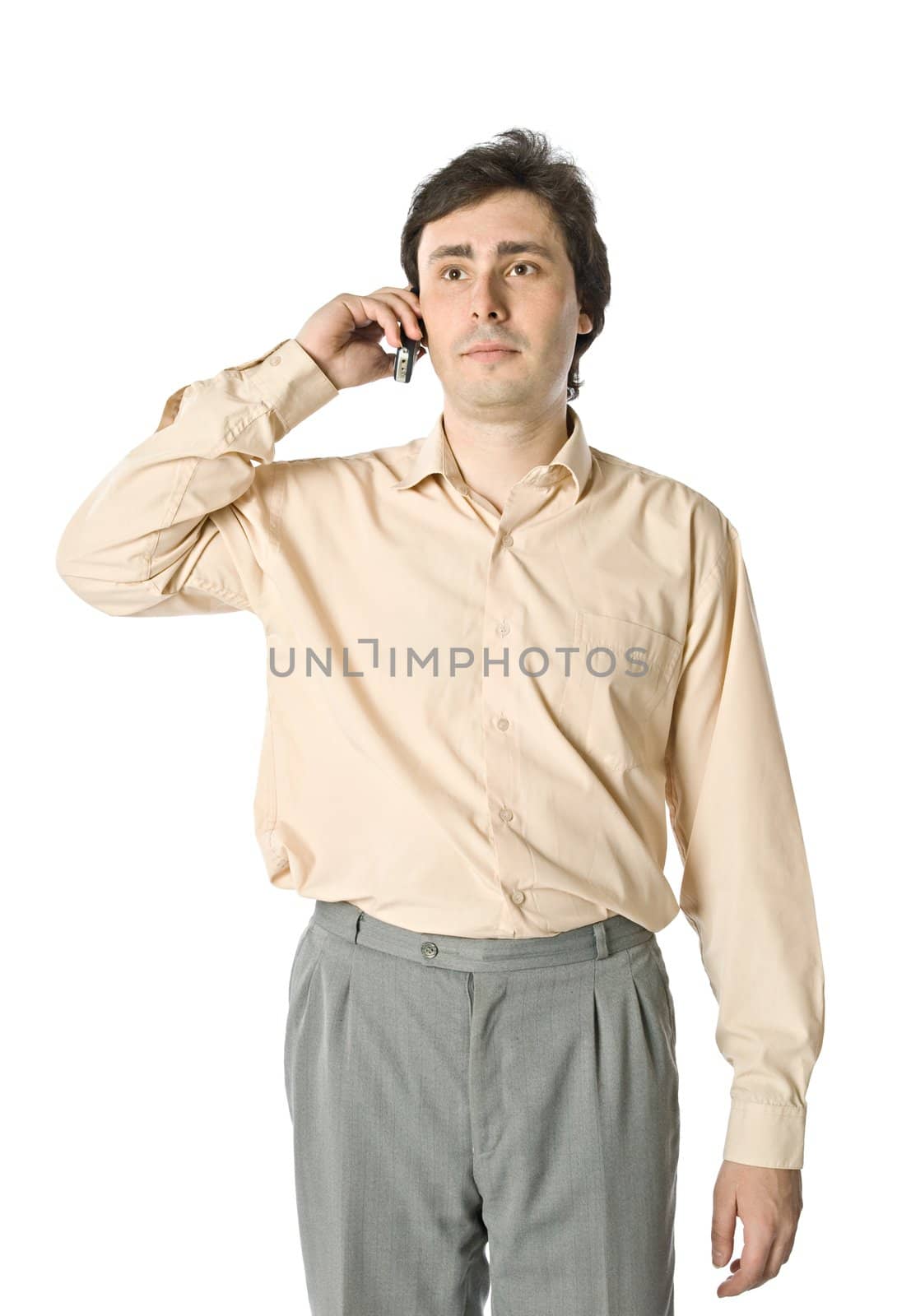 A man with a cellphone listening to something