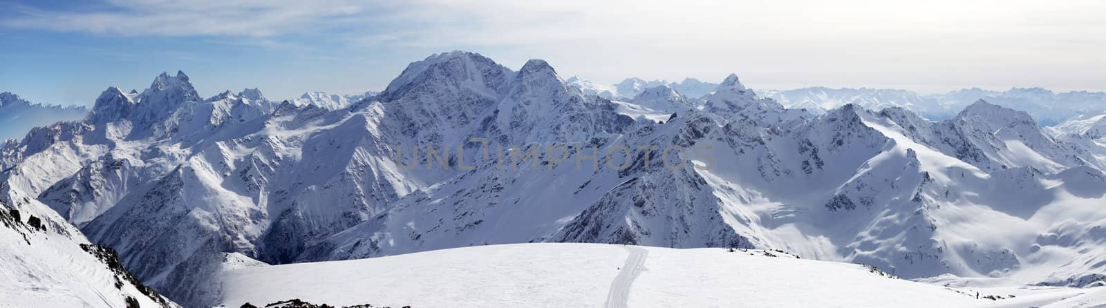 Russia. Caucasus. View on Elbrus Mount - the highest point of Europe from Cheget Mount. Panorama the review from 6 shots