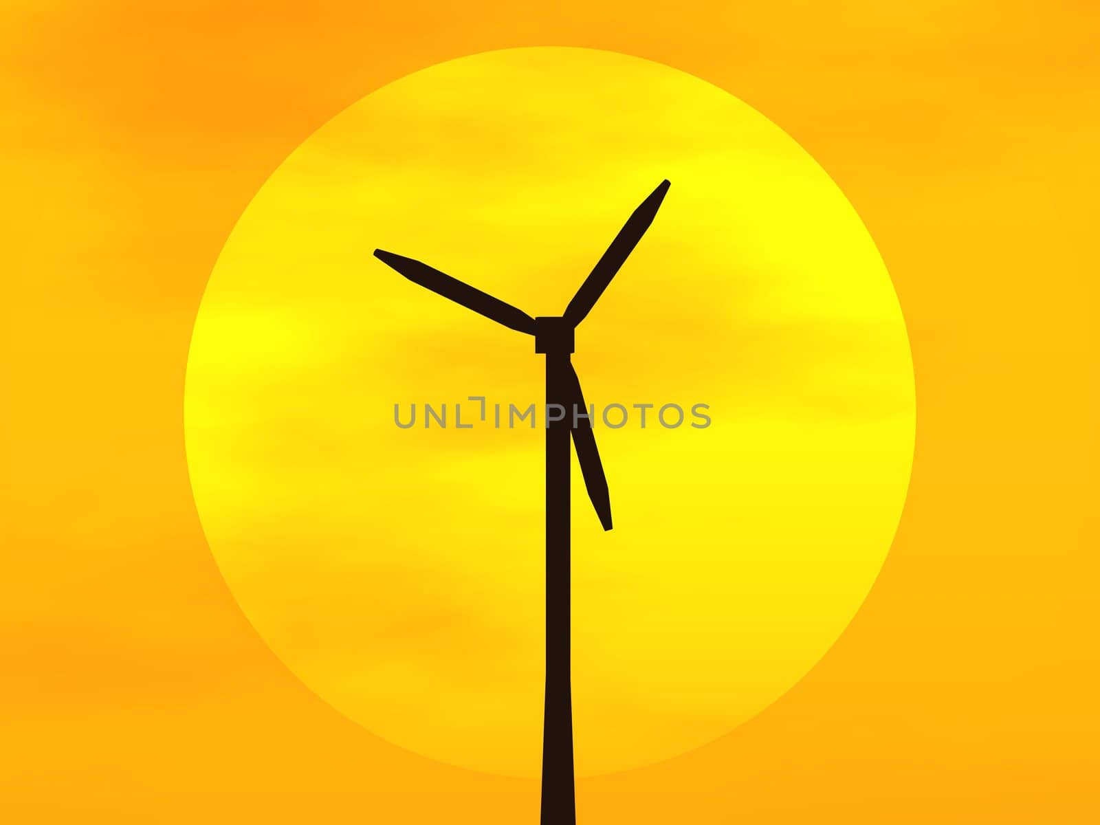3D rendering of a wind turbine in front of the sun disc at sunset