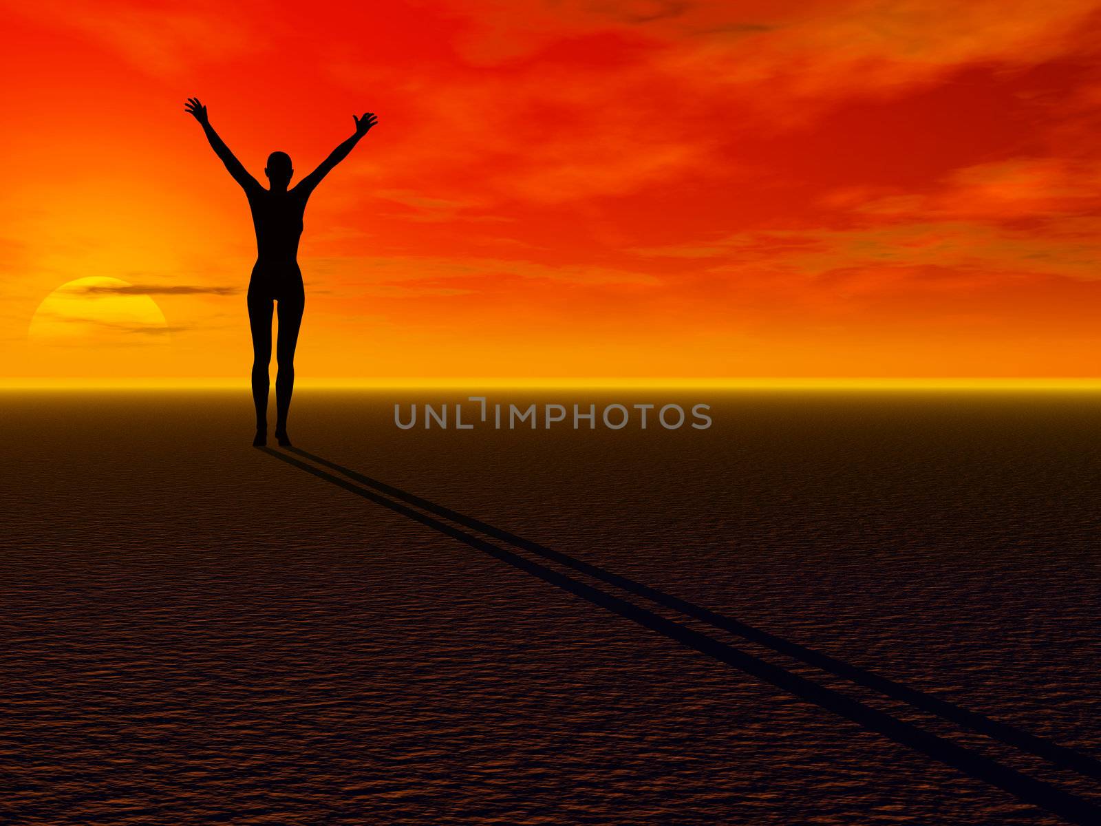 3D rendering of a naked woman celebrating sunrise in a desolated landscape