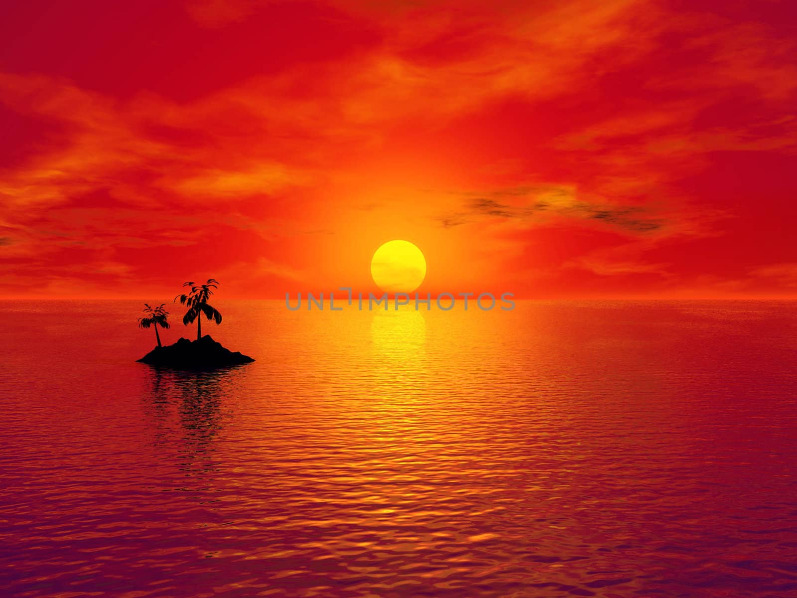 3D rendering of a small island with coconut trees at sunset