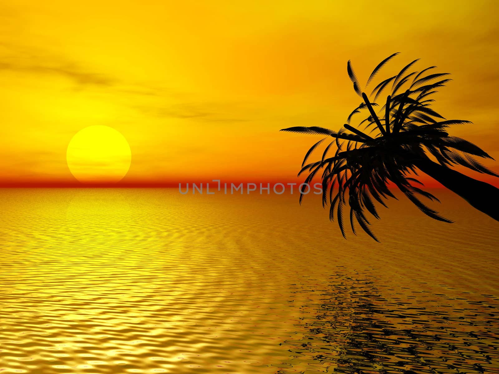 3D rendering of a beautiful sunset with a palm tree reflecting in the ocean