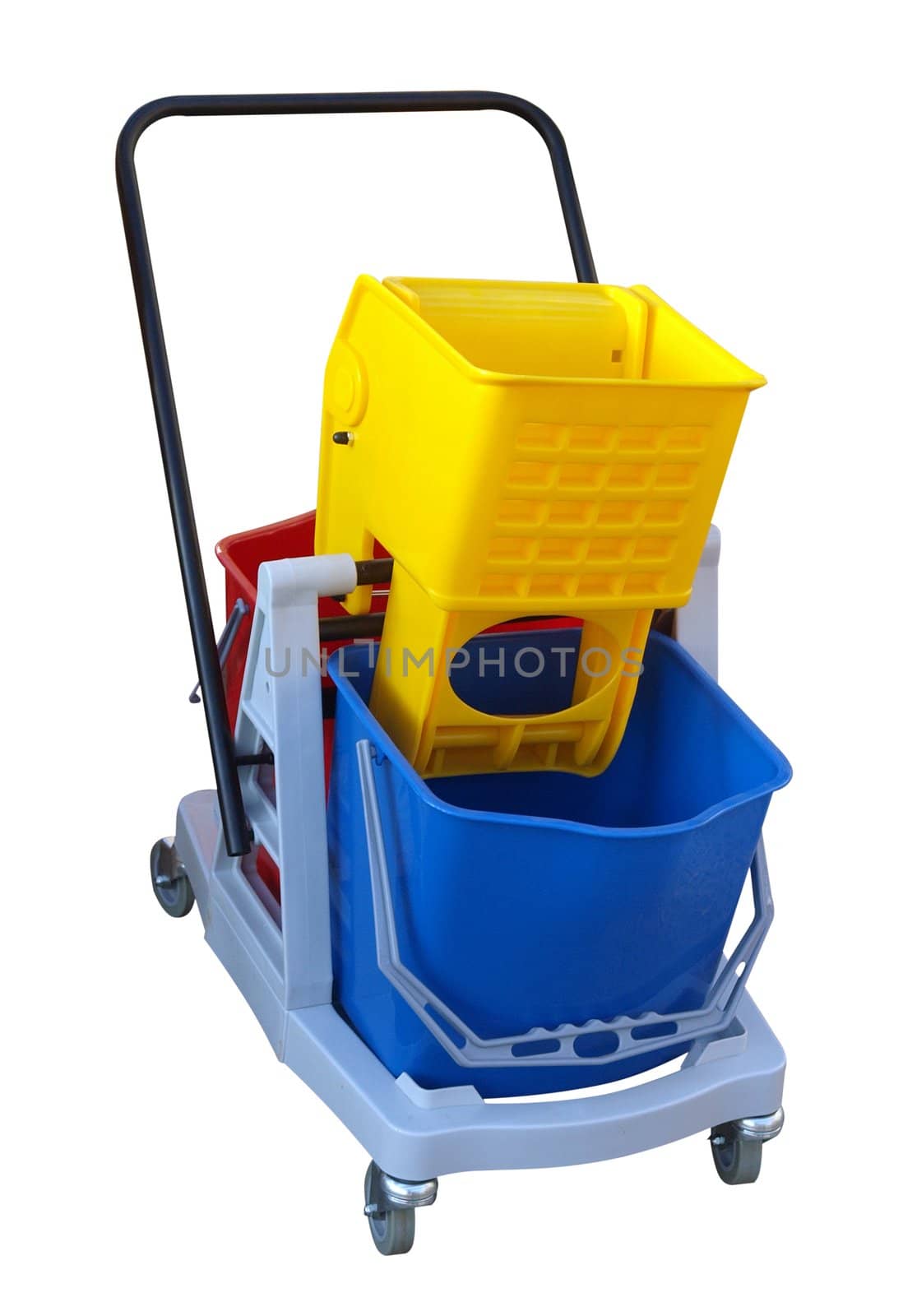 Three Plastic Buckets on a Cleaners Trolley isolated with clipping path