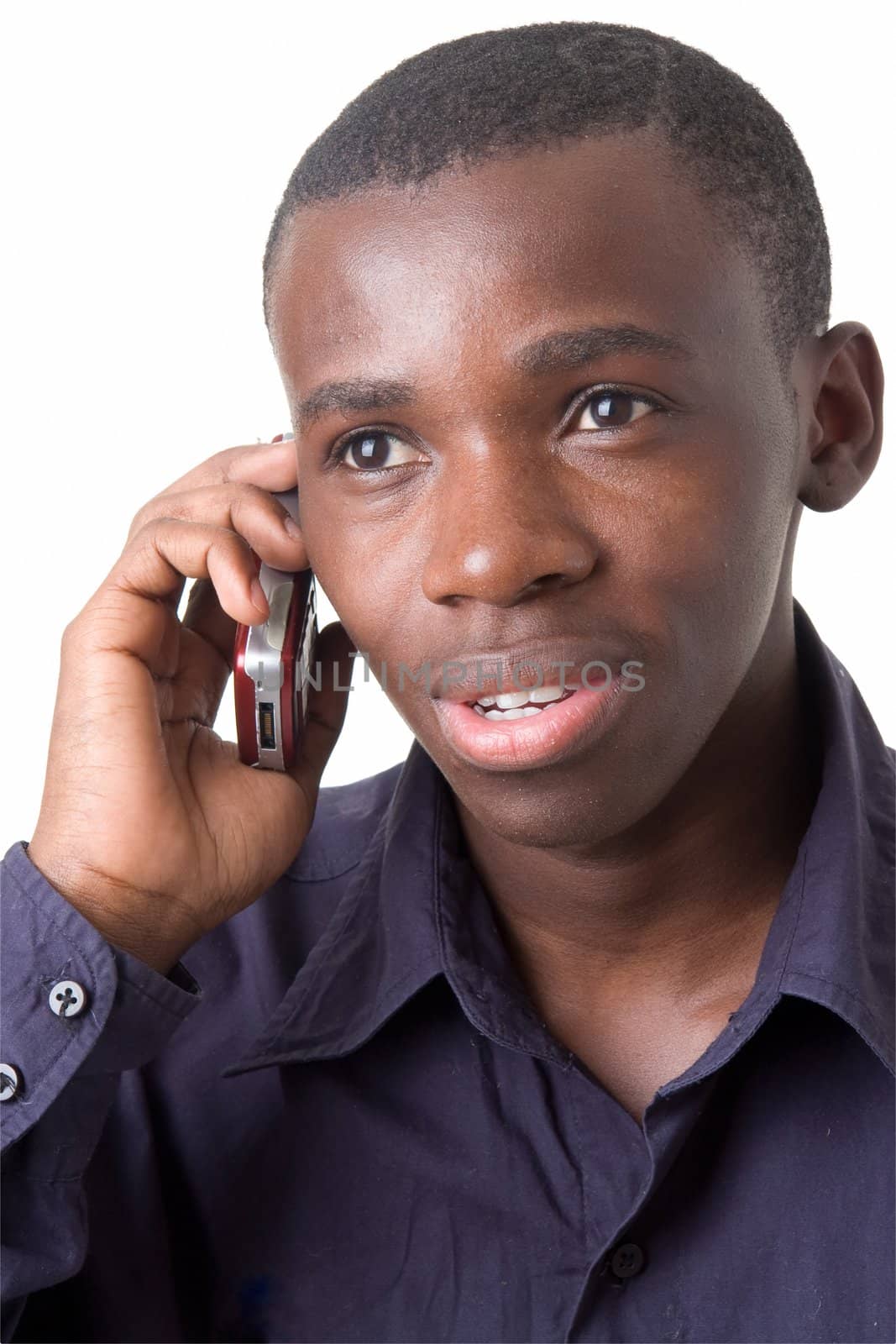 smiling man with mobile phone on a white background