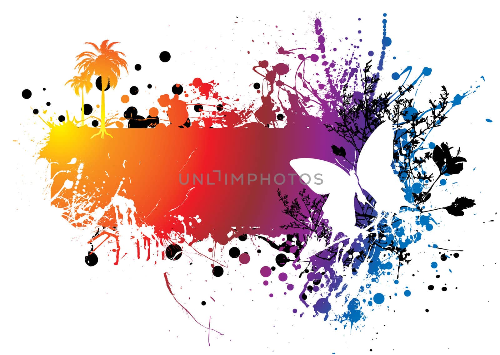 rainbow ink splat background with a bytterfly and copyspace