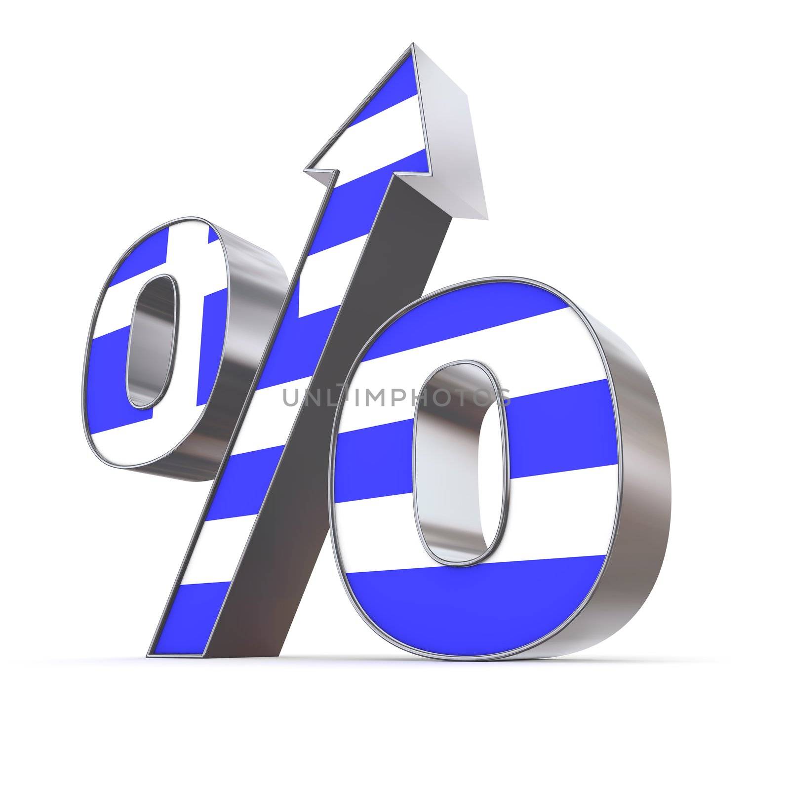 shiny metallic percentage symbol with an arrow up - front surface textured with the greek flag