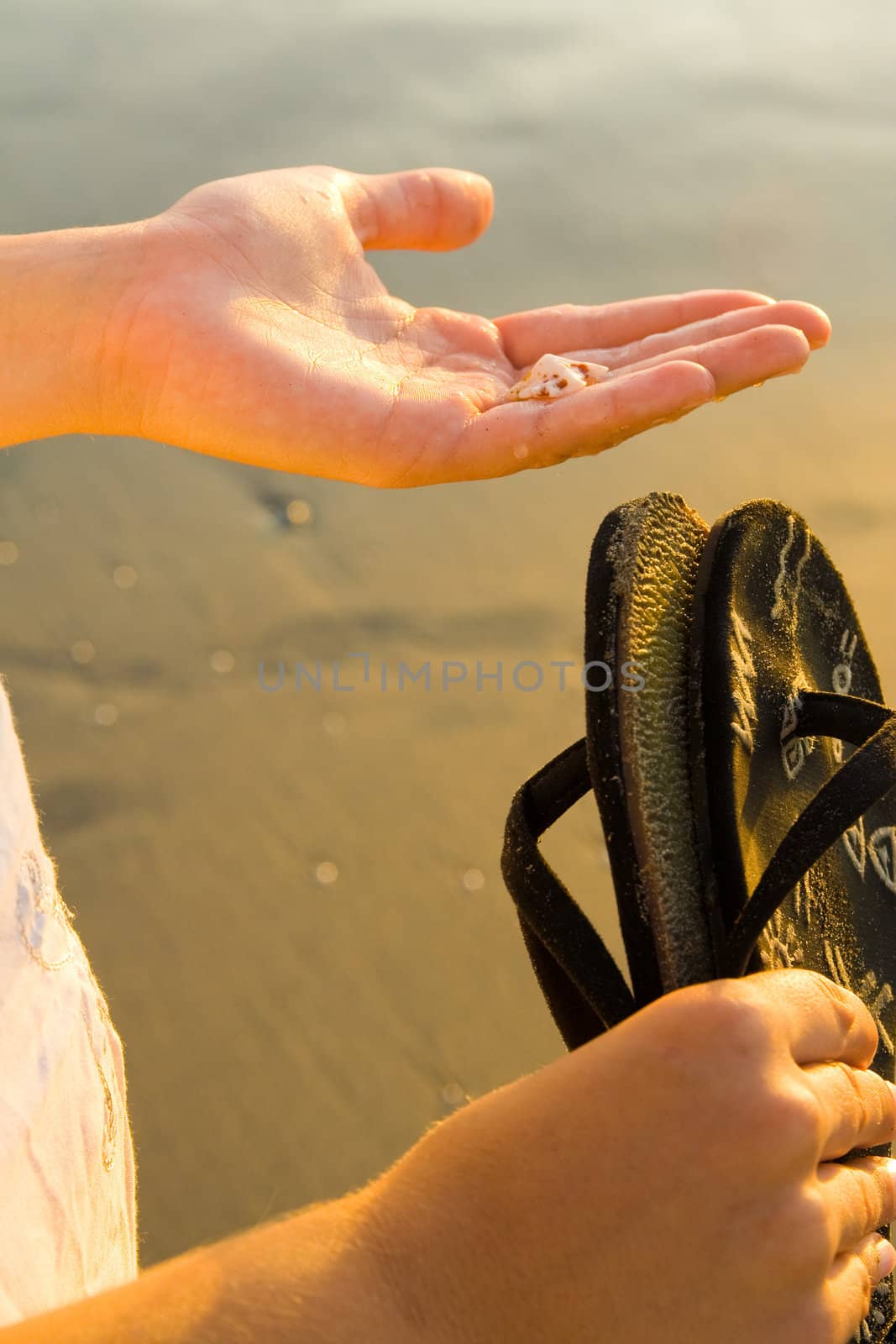 Hands holding shell and sandals on sandy beach.