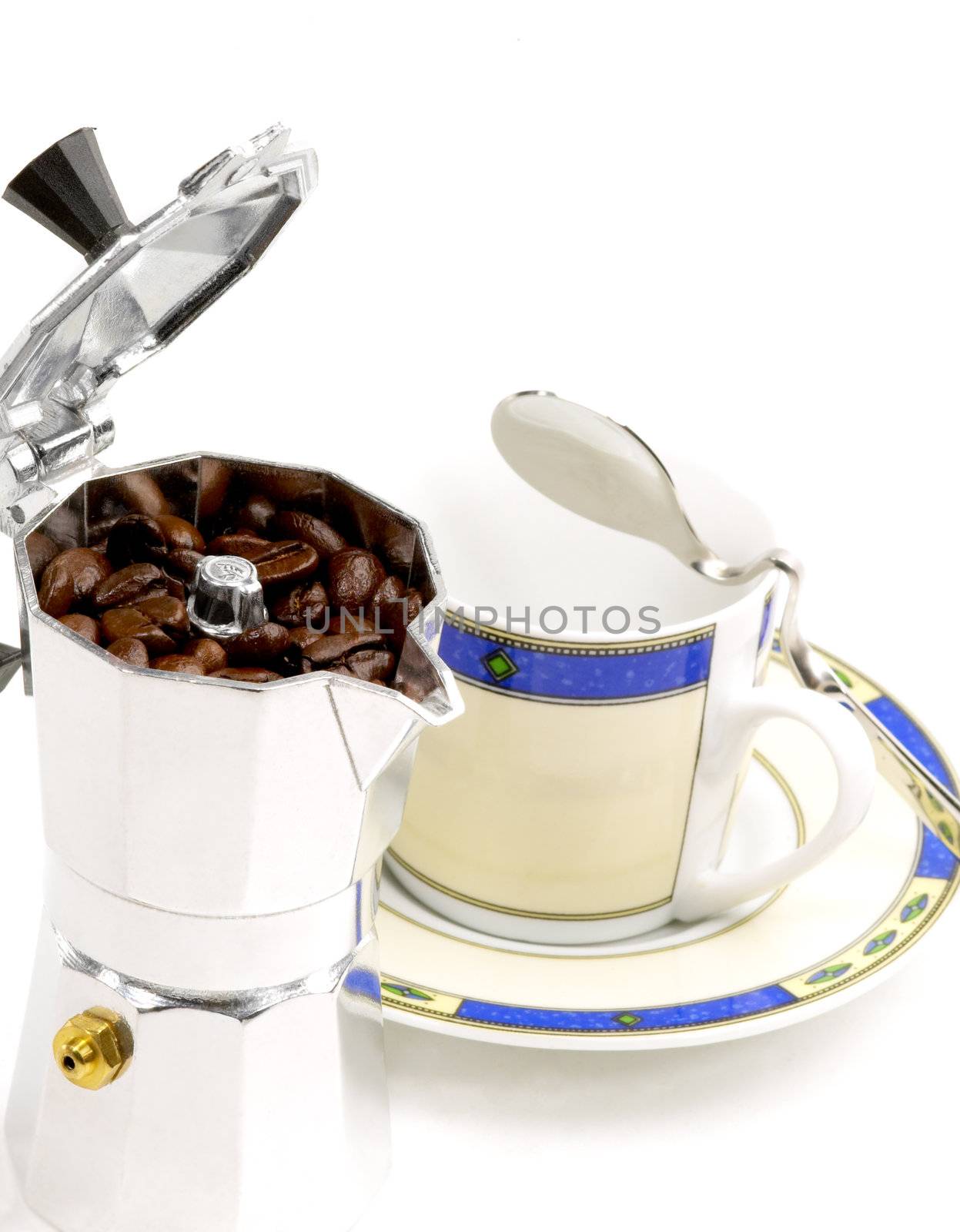 mocha coffee machine and cup on white background