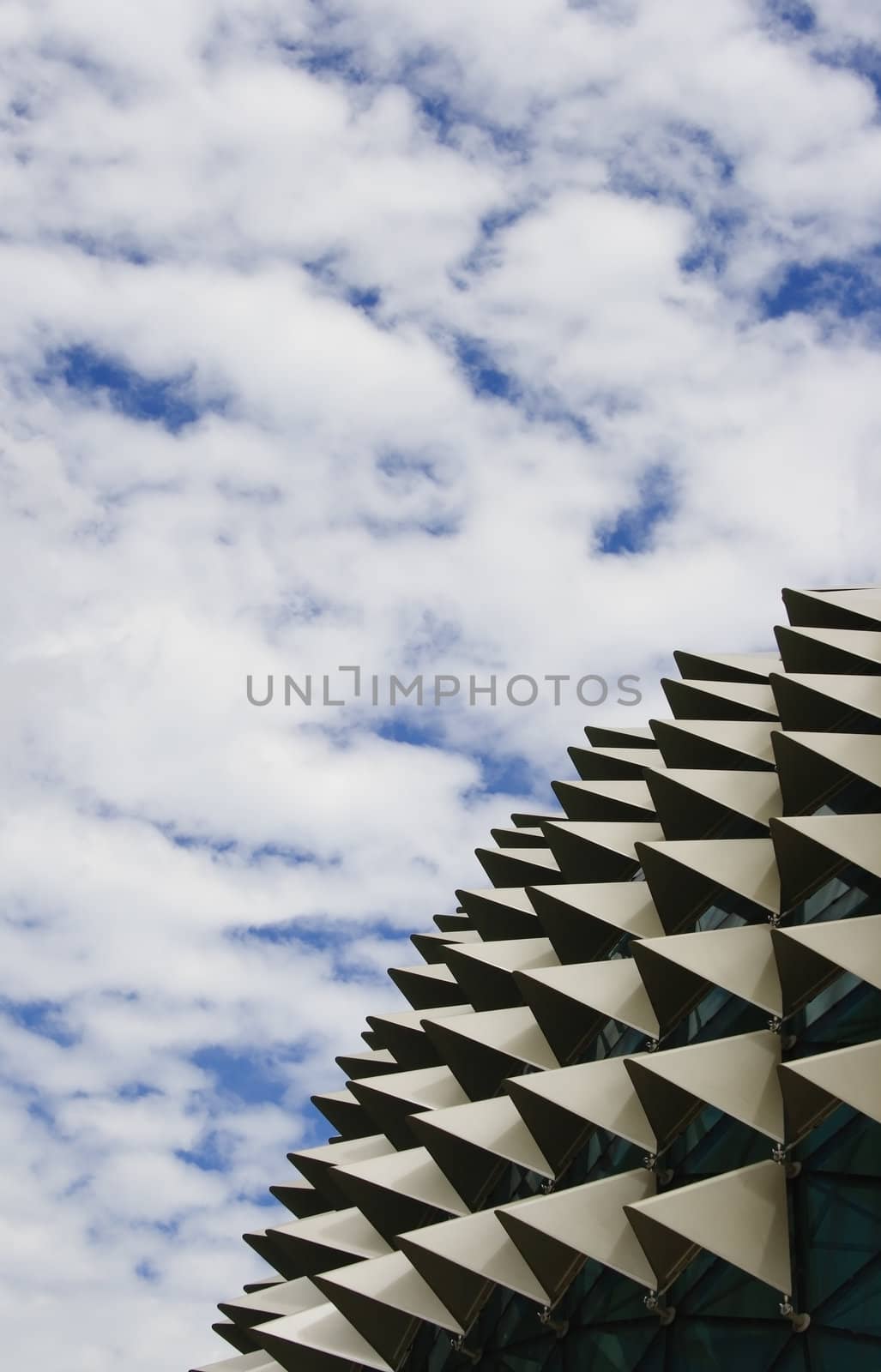 Roof of Esplanade, a landmark building in Singapore with cloudy sky.