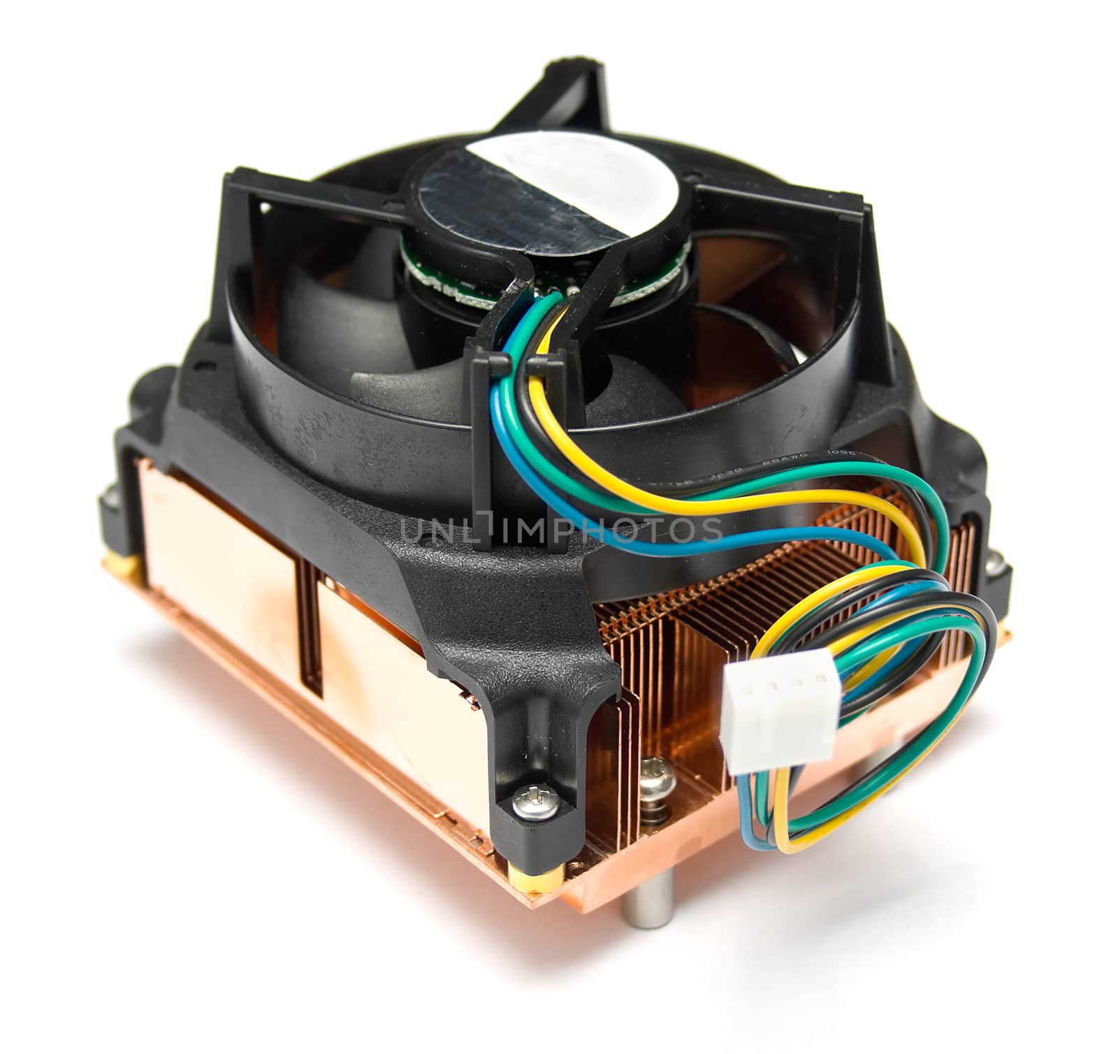 Computer cooler on the processor. Isolation on a white background. Shallow DOF