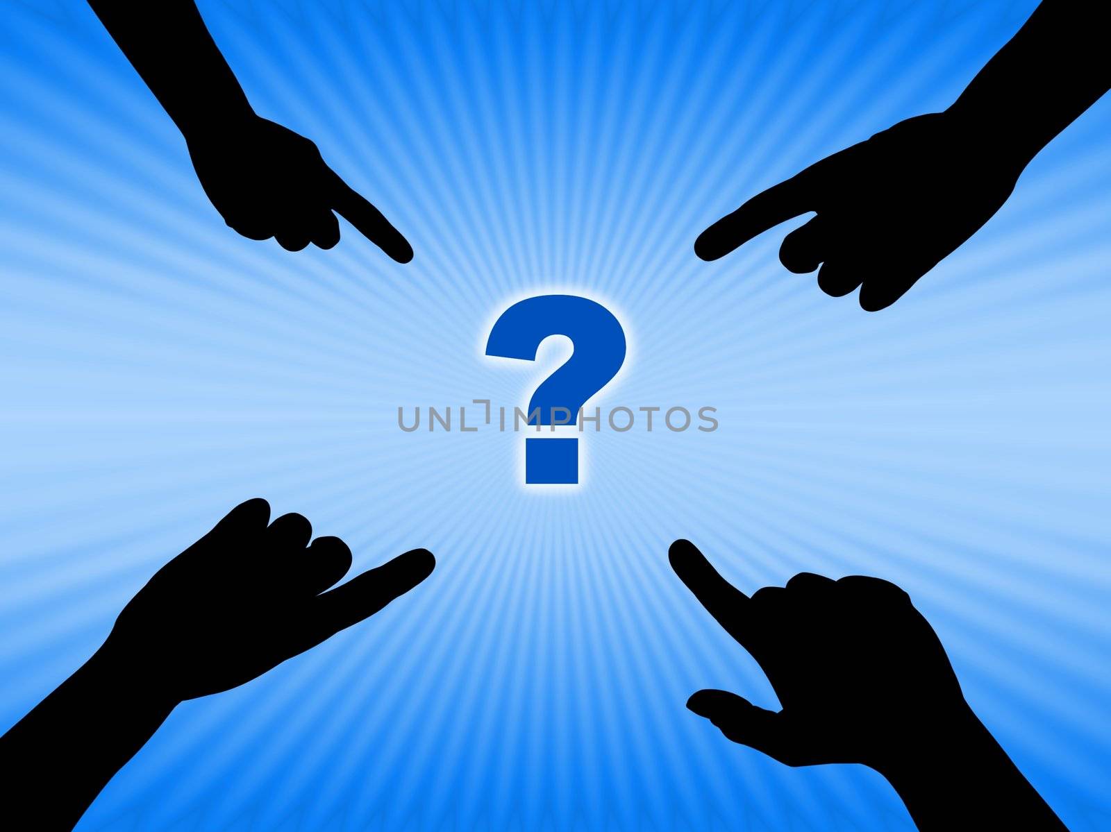 Illustration of four hands pointing to a question mark