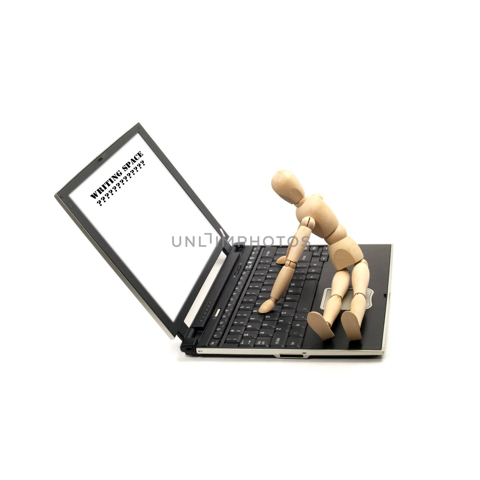 wood mannequin and laptop by keko64