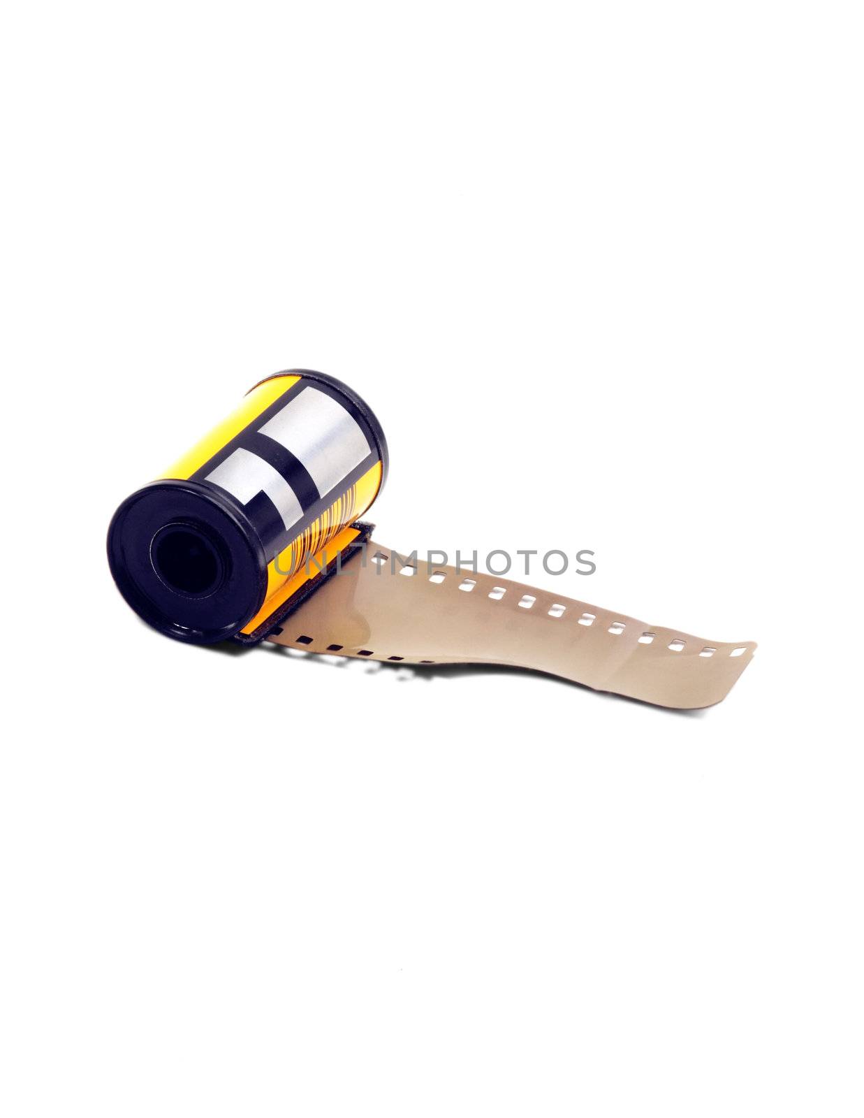35mm roll film canister on white background