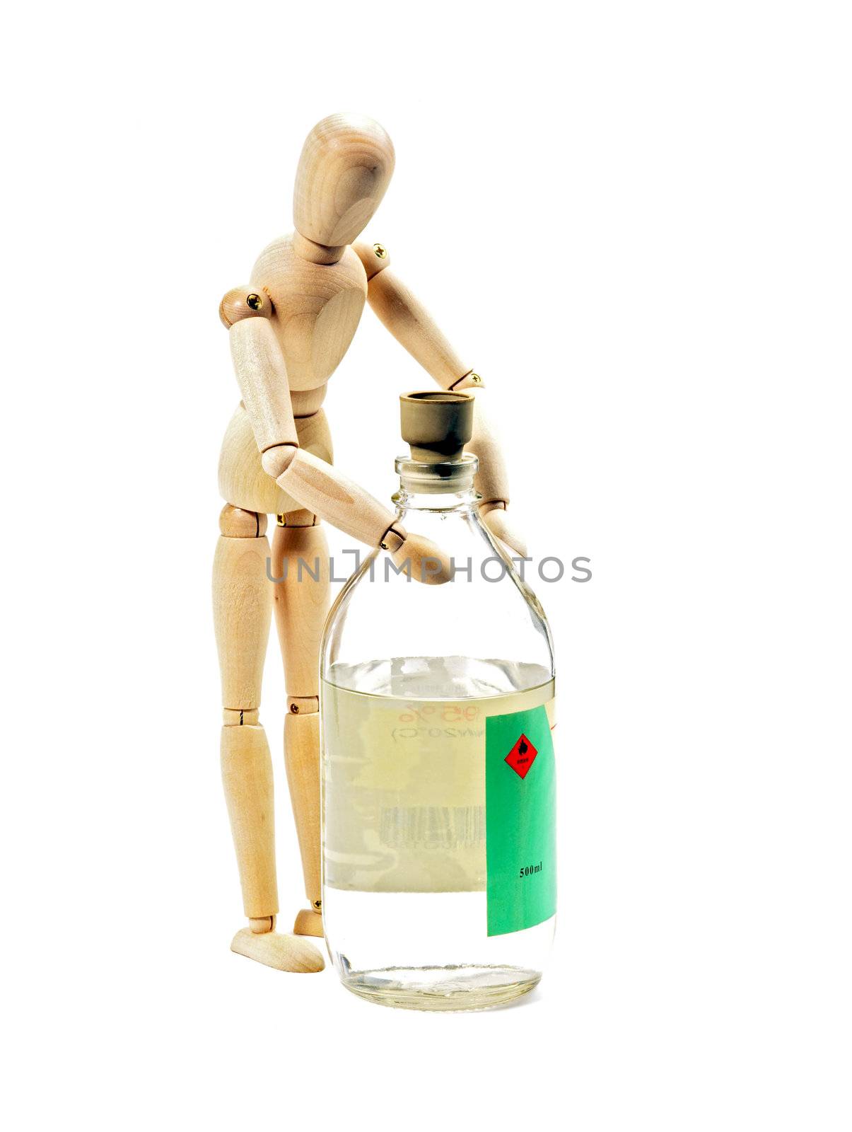 wood mannequin with flammable liqiod on glass bottle isolated on white background