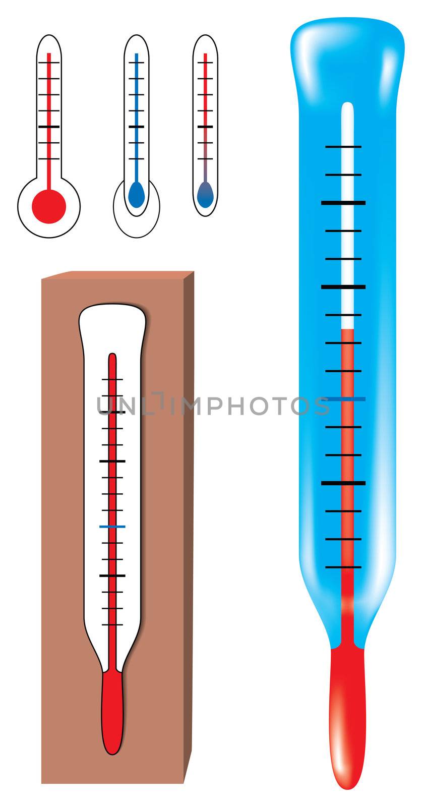Set of vector thermometers. Uses gradient mesh for the blue thermometer.