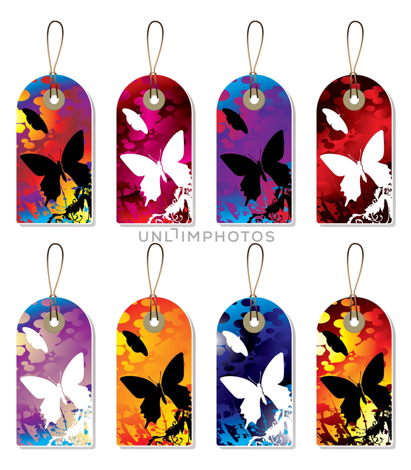 collection of nature tags with ink splats in silhouette